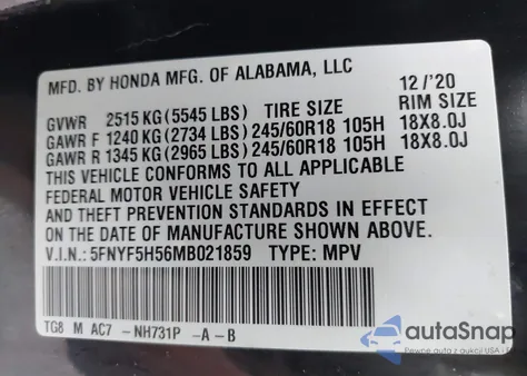 2021 Honda Pilot 2Wd Ex-L из США, поврежденный, VIN 5FNYF5H56MB021859